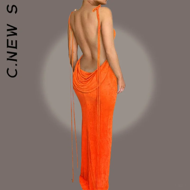 

C. Новое модное платье-макси с открытой спиной, сексуальное оранжевое облегающее платье на бретелях-спагетти, простая уличная одежда для дев...