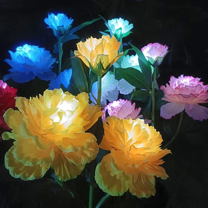 

3 Head Solar Simulation Peony Rose Flower Light Waterproof IP65 Artificial Flowers Ground Plug Lamp for Garden Party Decoration