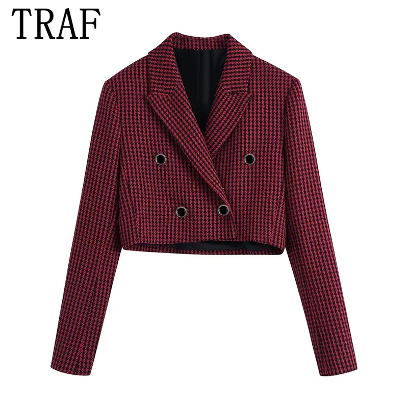 

TRAF Zar 2022 Red Cropped Blazer Women Houndstooth Tweed Jacket Woman Elegant Short Blazer Suit Long Sleeve Vintage Jacket