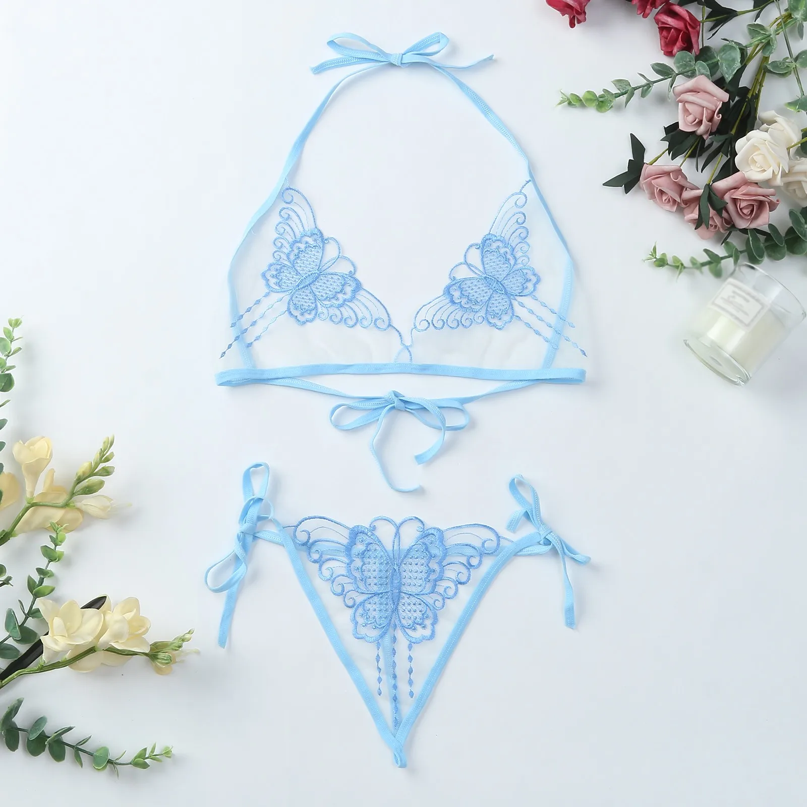 

2023 Women Sexy Lingerie Set Transparent Mesh Bra Brief Sexy Underwear Lace Butterfly Embroidery Womens Push Up Lingerie Set