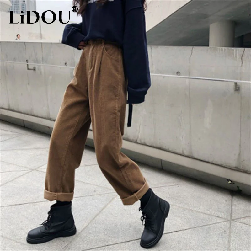 

Autumn Winter High Waist Vintage Solid Corduroy Straight Trousers Lady Loose Casual All-match Warm Thick Oversized Fashion Pants