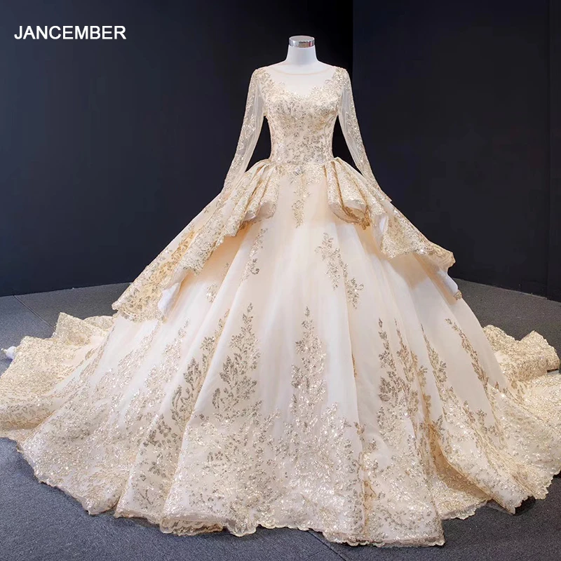 

RSM66949 Chapel Train O-Neck Full Evening Dress Appliques And Beading Party Dresses Flower Formal Dress tailleur femme mariage