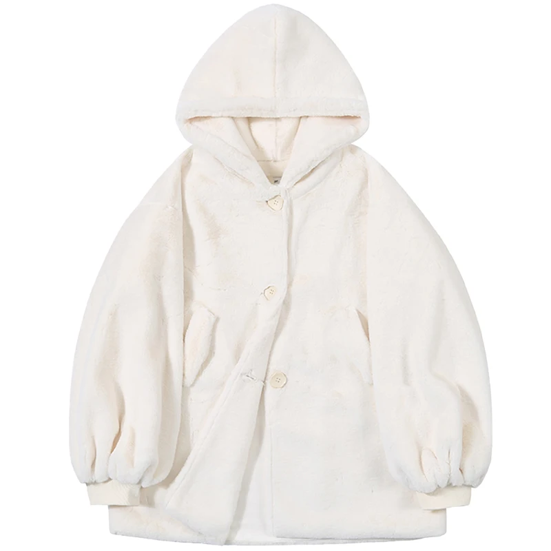 Winter Teddy Jackets Cute Parkas Soft Fluffy Faux Fur Coat Women with Hood Long Sleeve Lovely Harajuku Kawaii Teddy Jacket White