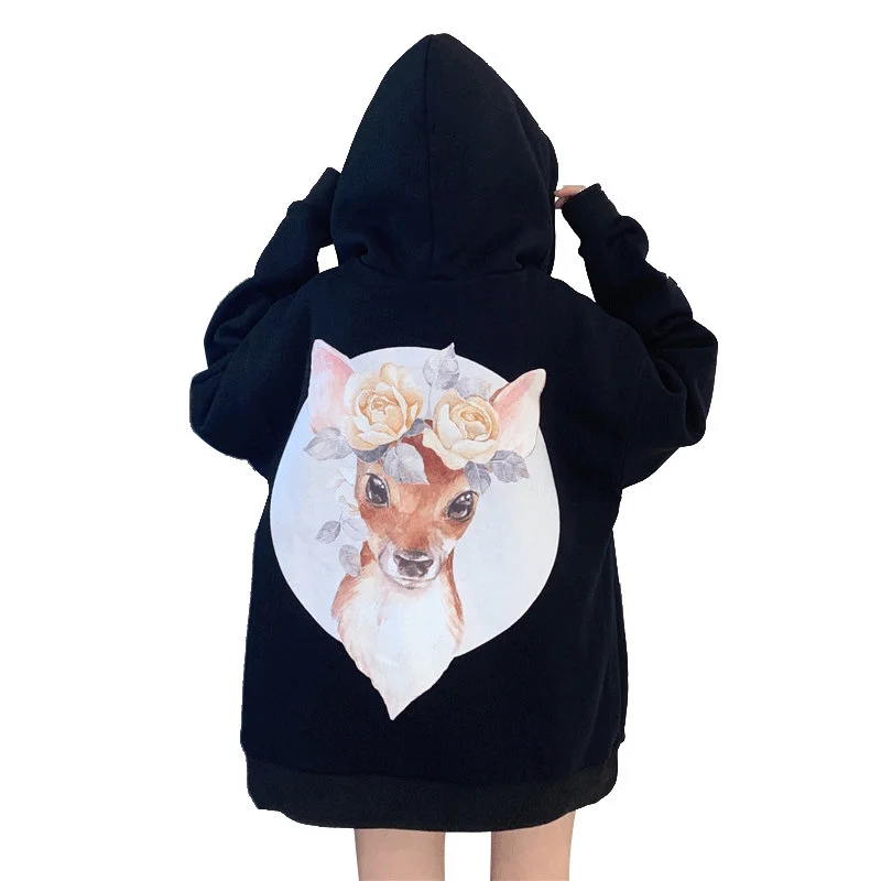 

Winter Thicken Cartoon Sika Deer Print Hoodie Casual Oversized Harajuku Stylish Pullover Sweatshirts Women Velvet Zip-up Top