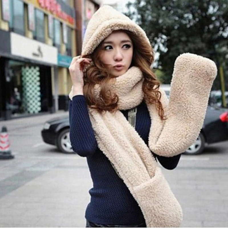 

New Fashion Hooded Scarf Hat Glove Hot Sale 3 Piece Sets Women Winter Warm Soft Hood Scarf Snood Pocket Hats Gloves