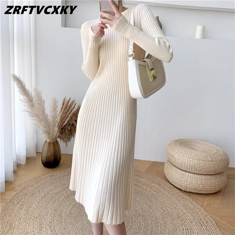 

Long Sleeve Knitted Dresses For Women High Quality Elegant O-Collar Casual Knee Length Bottoming Sweater Pullover Dress