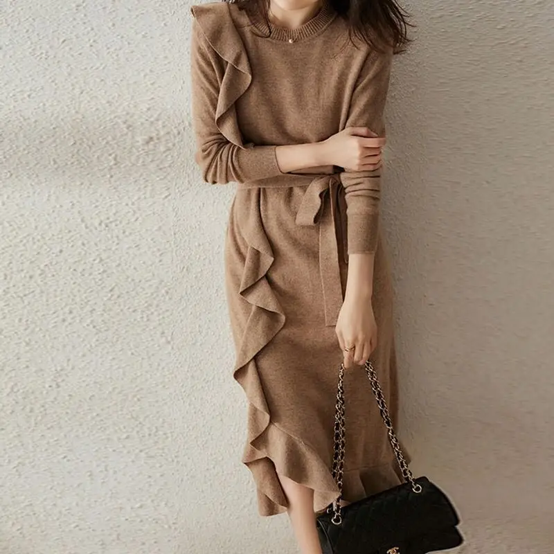 

JSXDHK Fashionable Autumn Winter Ruffles Sweater Dress Women Round Neck Knitted Solid Color Lace Up Belt Loose Knee Dress Ladies