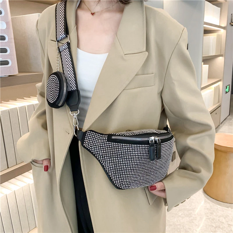 Shiny Handbag Luxury Diamond Studded Fanny PacK Women Crossbody Chest Bag Pu Leather Waist Bag Large Capacity Banana Belt Bag