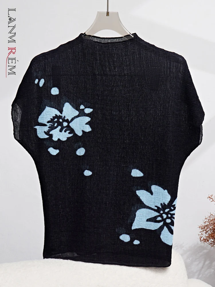 

LANMREM Printed Flower T-shirt For Women Round Neck Short Sleeves High End Thin Slim Tops Fashion Clothing 2023 New 32D243