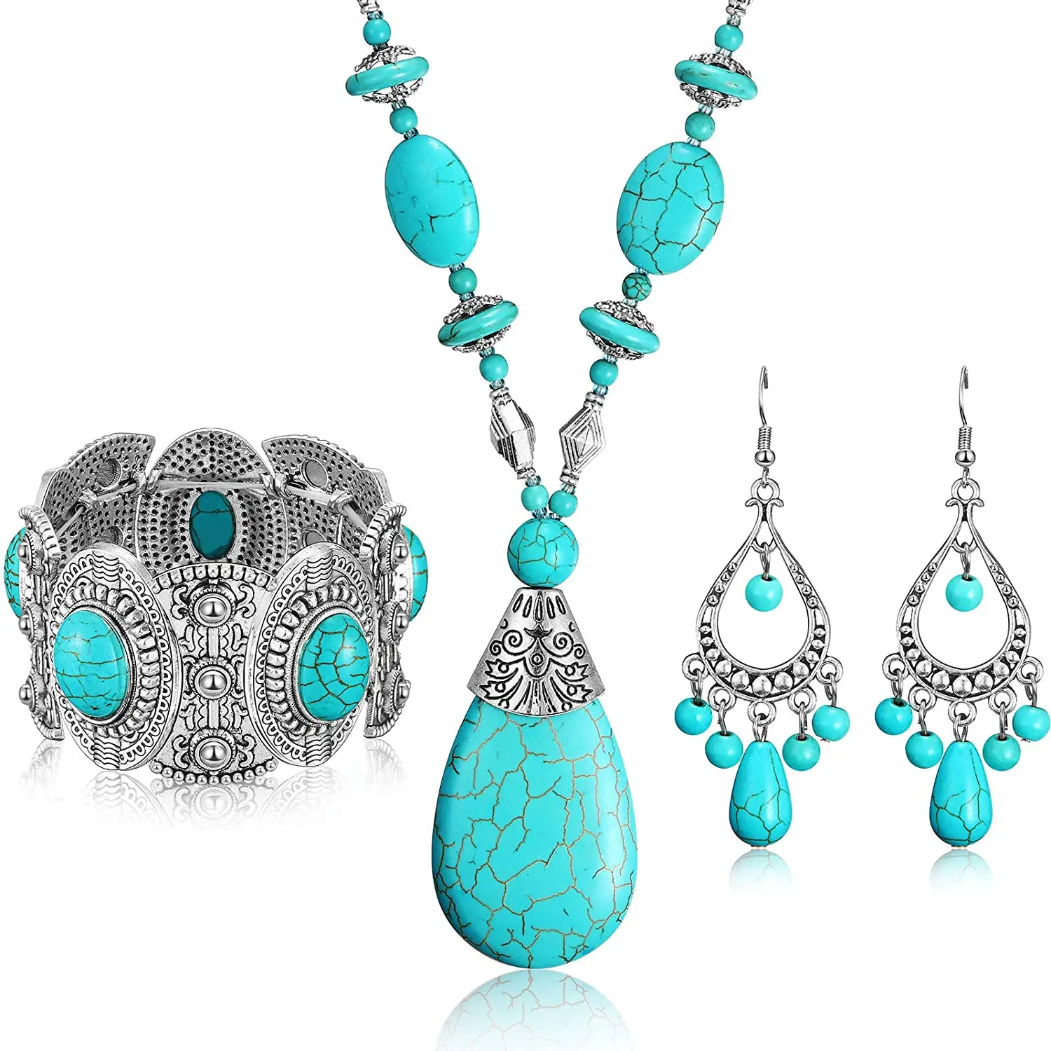 

4 Pieces Bohemian Turquoise Pendant Necklace Jewelry Sets for Women Necklace Dangle Earrings Stretchable Bracelet Statement Gift