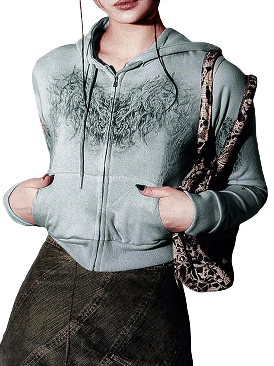 

Women\u2019s Long Sleeve Zipper Cardigan Fashion Wings Printed Slim Fit Cropped Hooded Sweatshirt