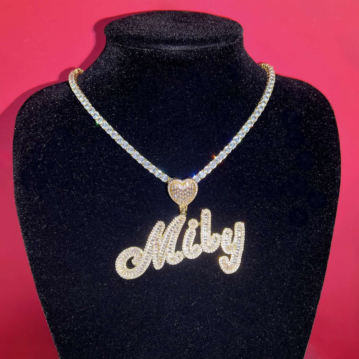 

Iced Out Custom Name Necklace with Cuban Link Chain, Hip Hop 14k Real Gold Plated Personalized Initial Letter Pendant Choker