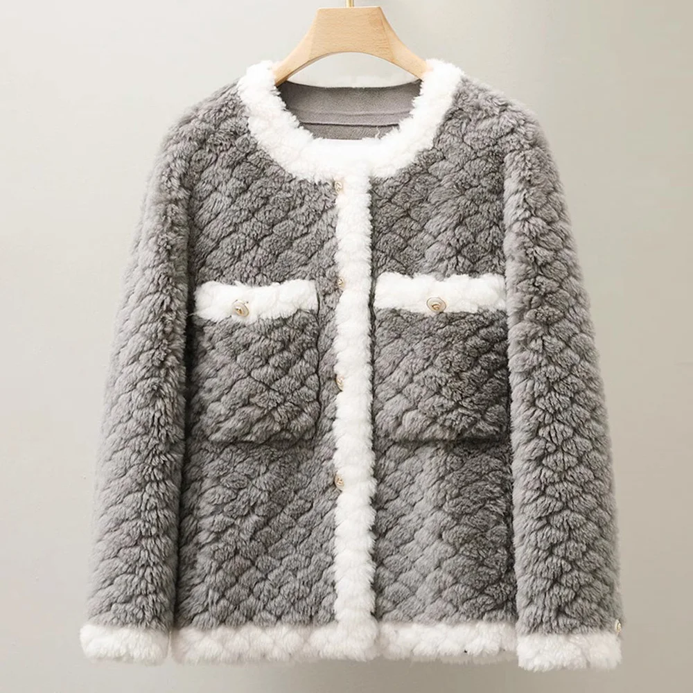 

Lamb Wool Coat Female Short New Autumn and Winter Vintage Casual Long Sleeve Outerwear O Neck New Fashion Cashmere Jacket Lady