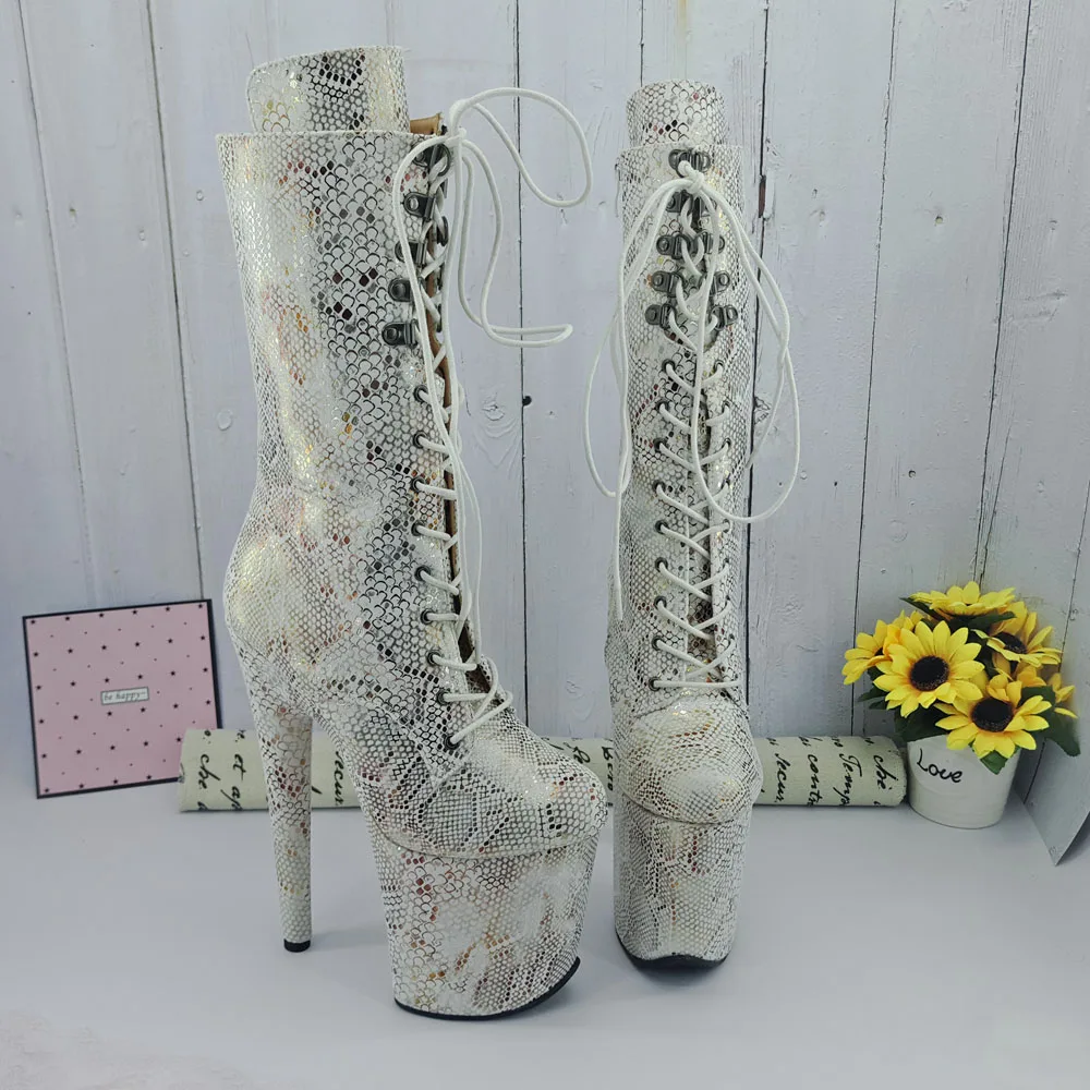 Leecabe  White Snake 20CM/8inches Pole dancing shoes High Heel platform Boots closed toe Pole Dance boots