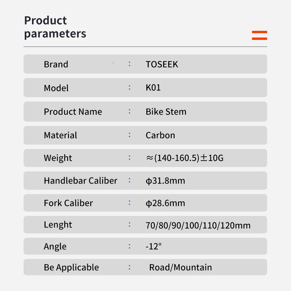 Фото Вынос руля для велосипеда TOSEEK K01 из карбона T800, для горных/шоссейных велосипедов, -12 градусов, 70/80/90/100/110/120 мм, матовый черный №2