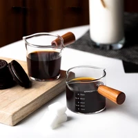 heat resistant glass espresso measuring coffee cup double mouth glass milk jug with wooden handle glass scale measure mugs
