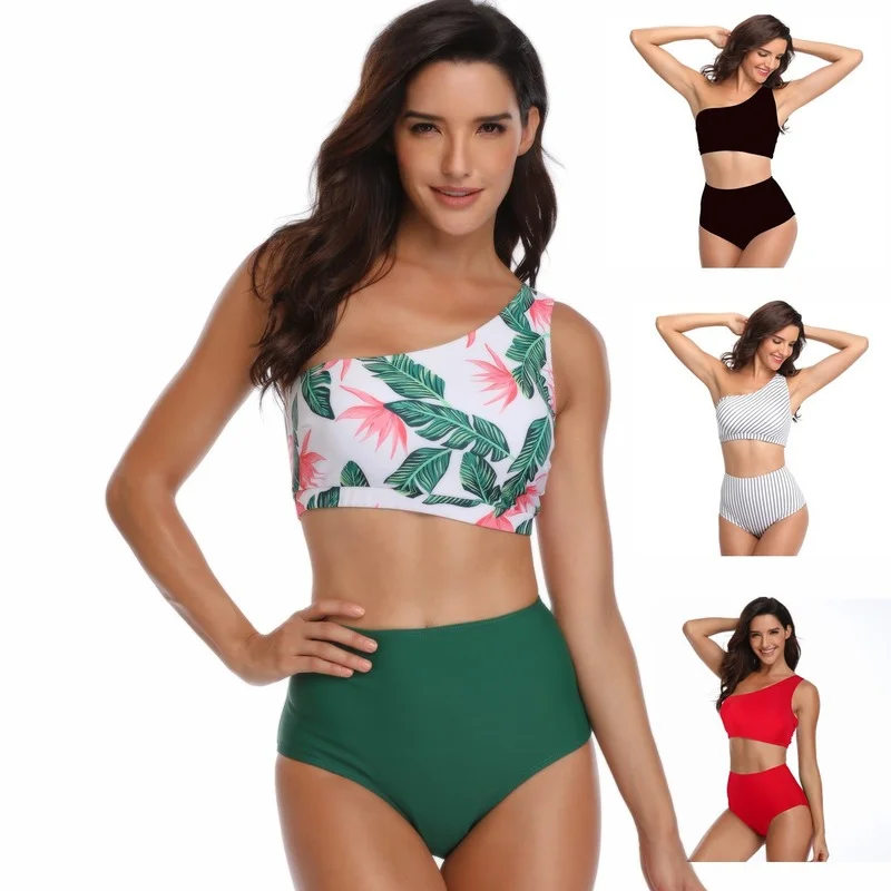 

Sexy Backless Flower Print Bikini Set for Women One Shoulder Bikini Female Swimwear High Waist Summer Beach Bathing Suit 2022