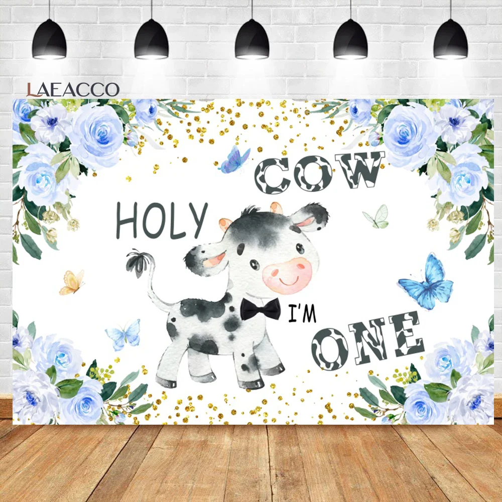 

Laeacco Holy Cow Baby Shower Watercolor Flowers Butterfly Background Kid 1st Birthday Portrait Customized Photography Backdrop