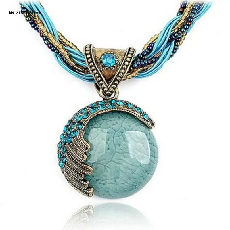 

Boho Statement Beaded Necklace Vintage Turquoise Rhinestone Necklace for Girl