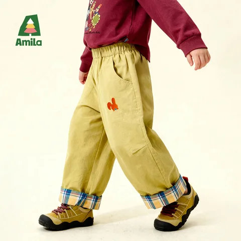 Детские универсальные повседневные брюки Amila Spring с эластичной резинкой на талии, сетчатым узором и фланелевой отделкой для повседневного ношения