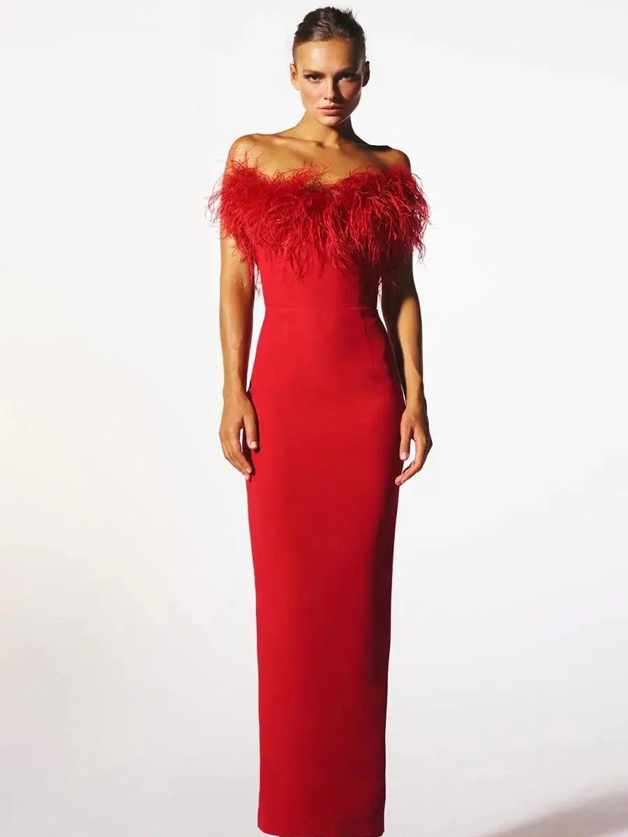 

Feather Red Bandage Dress Maxi Long Evening Party Dresses for women Elegant Sexy Christmas Evening Club Outfit 2023 New Year