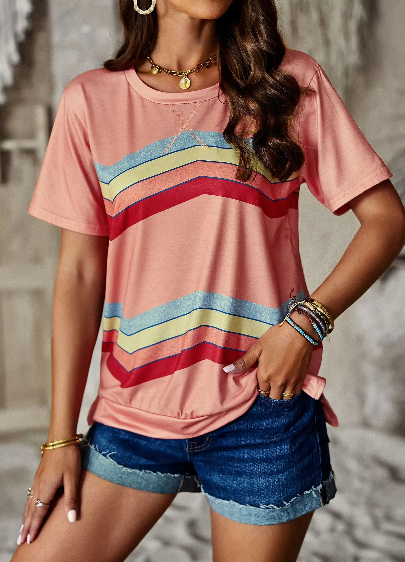 

Round neck T-shirt Rainbow Stripe Top 2023 Summer Pregnant Women's Short Sleeve WHITE