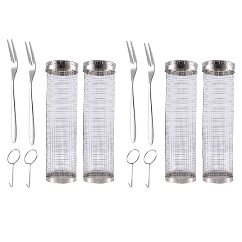 

4Pack Rolling Grills Basket Stainless Steel Mesh Cylinder Rack Basket For Camping Picnics Outdoor Round BBQ Rack Grid