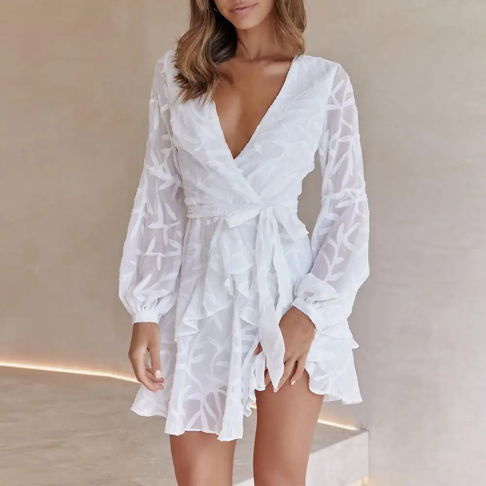 

Chiffon Summer Dresses For Women Spring Elegant Long Sleeve V-neck Lace Up Vestidos Robe Sexy Wedding Party Dresses