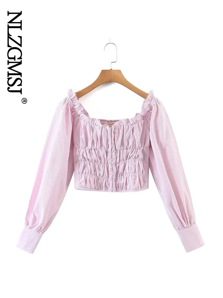 

Nlzgmsj 2022 French Vintage Cropped Blouse Women Spring Summer Women Long Sleeve Short Blouse Slash Neck Sexy Blouse