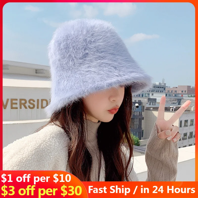 

2023 Hat Winter Women's Fashion Solid Artificial Rabbit Fur Hat Bucket Cap fisherman's hat retro Warm Thickened basin Bucket Hat