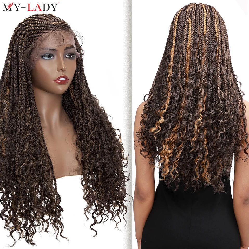 My-Lady Synthetic Box Braid Wigs 26inch Cornrow Braids Lace Front Wigs Curly Ends Braided Brazilian Wig With Baby Hair Afro Wig