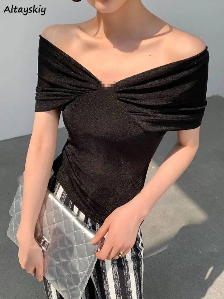 

T-shirts Women V-neck Ladies Sexy Elegant Simple Slim Fashion Leisure Solid Daily Folds Korean Styledesigner Summer All-match