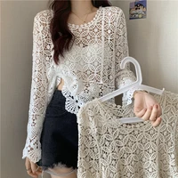 7 style europe designer t shirt embroidery mesh letter lace round neck long sleeve shorts top tees hollow finger hole t shirts