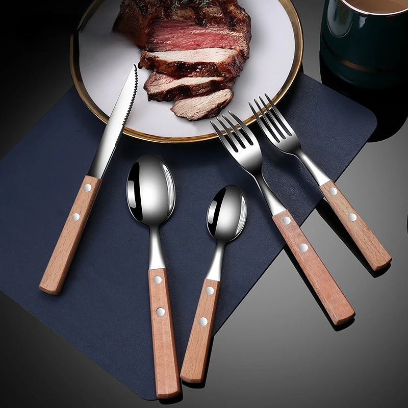 

304 Stainless Steel Tableware, Solid Wood Handle Knife, Fork, Spoon Set Japanese Light and Luxurious Western Food Knife and Fork