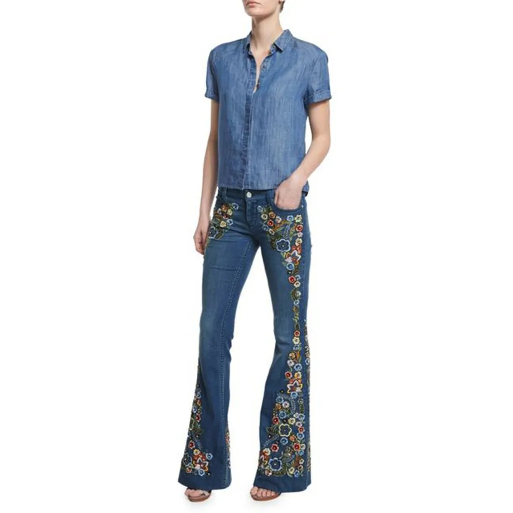 

Ladies Destoryed Embroidery Bell Bottom Button Denim Pants Women's Low Waist Retro Flare Jeans Trousers