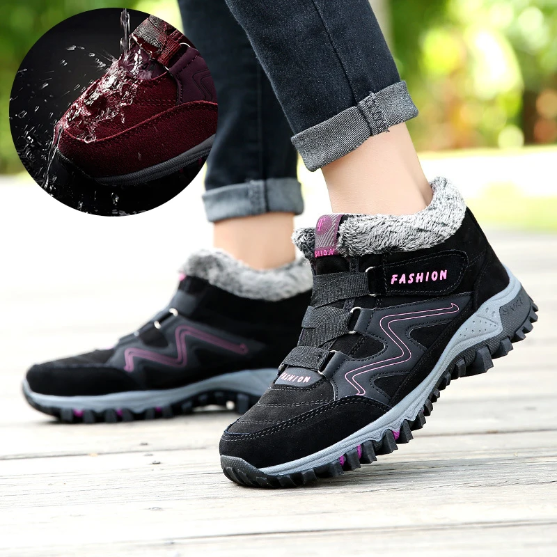 

Новые водонепроницаемые зимние ботинки, женские зимние теплые ботильоны на толстой плюшевой подкладке с застежкой-липучкой, женские мягкие Нескользящие походные ботинки Sh