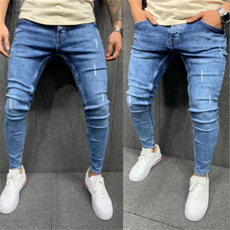

2022 Men's Spring and Autumn New Elastic Jeans Blue Tight Pencil Pants Middle Waist Casual Pants S-3XL