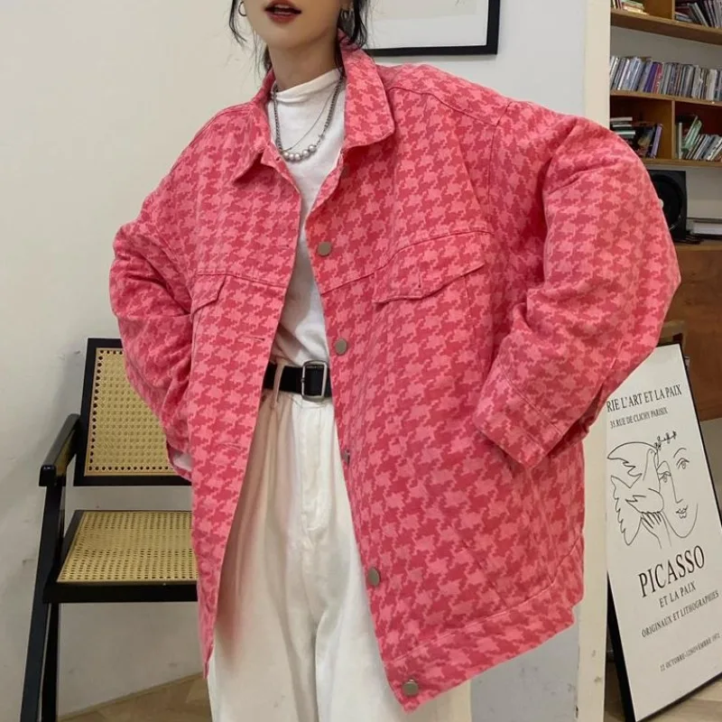 

Summer Pink Houndstooth Denim Jacket Women's 2023 Korean Version Loose Fashion Versatile Jacket Spring Jeans Jacket for Women