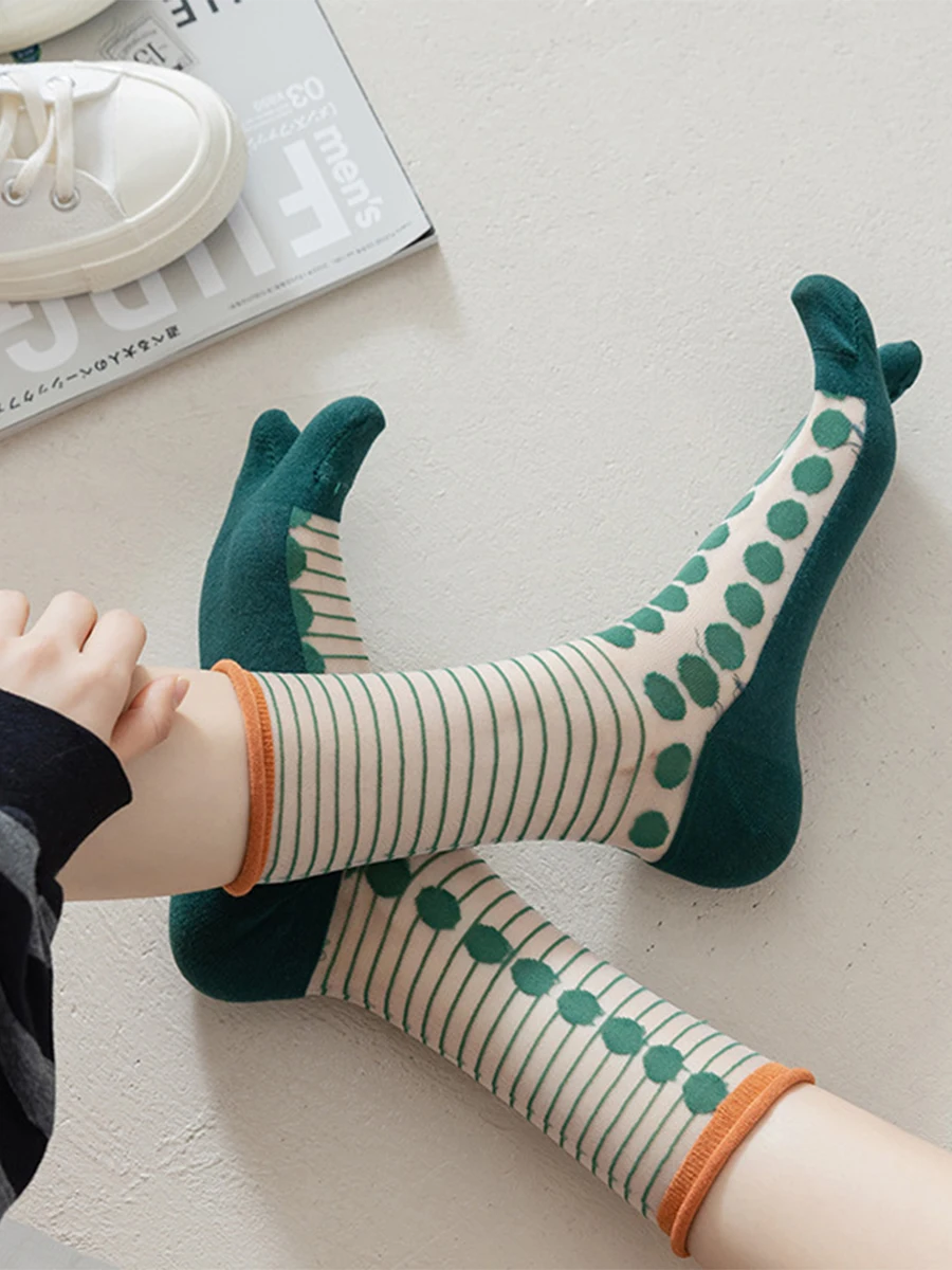 

7 Colors Women Creative Printed Tabi Socks Split Toe Thin See-Through Rolled Edge Cute Mid-Tube Socks