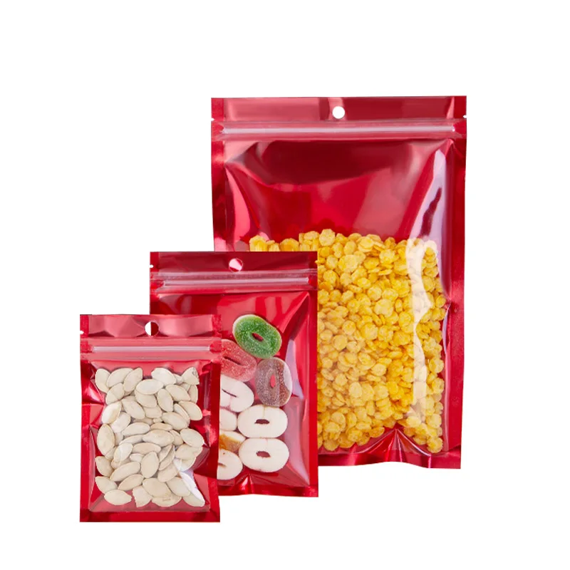 

100pcs/lot Red/Clear Reclosable Ziplock Hang Hole Package Aluminum Foil Bag Tranparent Plastic Mylar Foil Food Storage Pouches