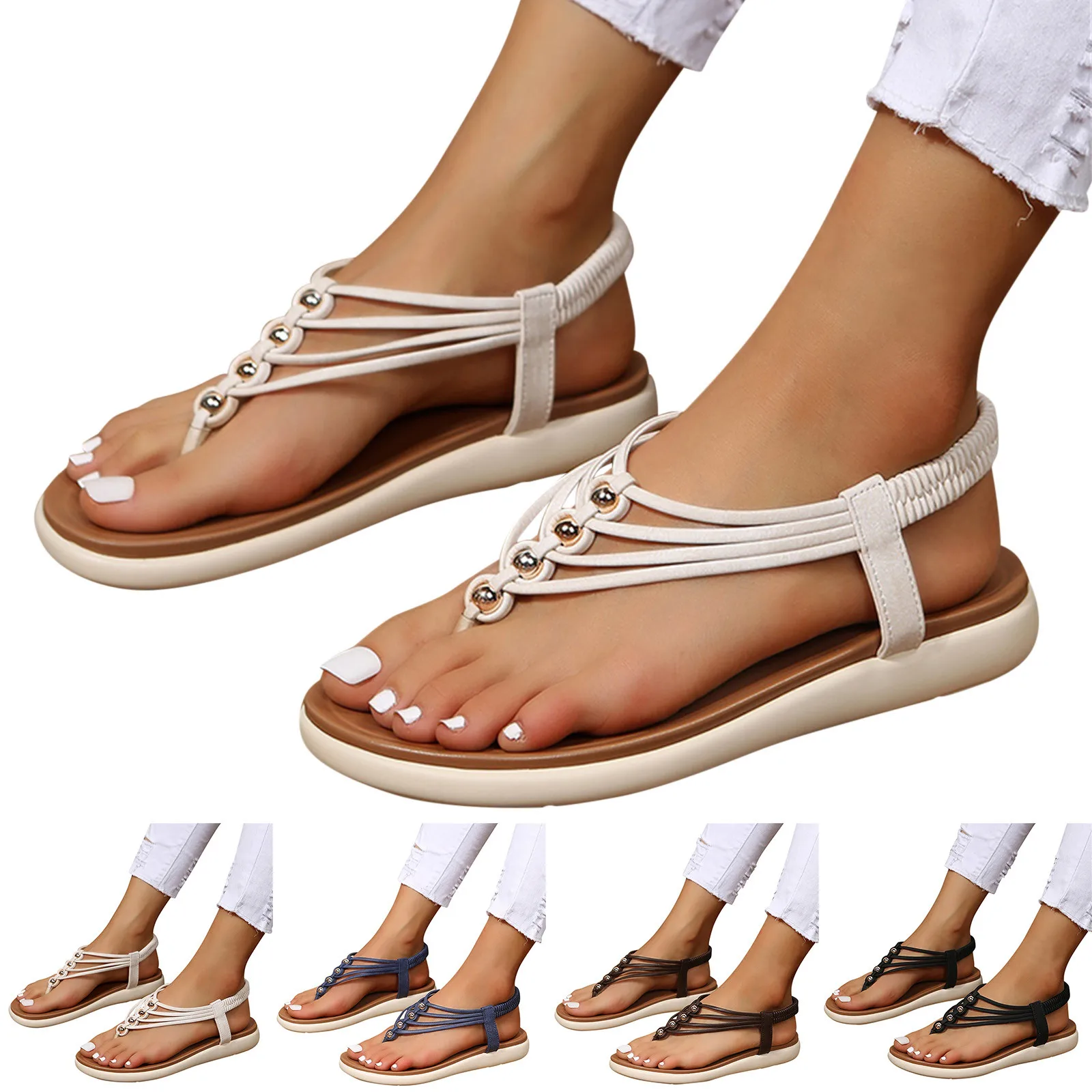 

Ladies Fashion Solid Color Leather Thin Strap Metal Black Womens Platform Sandals Toe Ring Sandals for Women Womens Nude Sandals