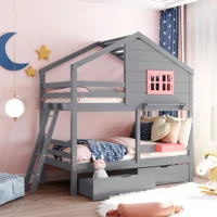 Home Modern Wooden Bedroom Furniture Beds Frames Bases Twin Bunk Bed With 2 Drawers 1 Storage Box 1 Shelf Window And Roof-gray