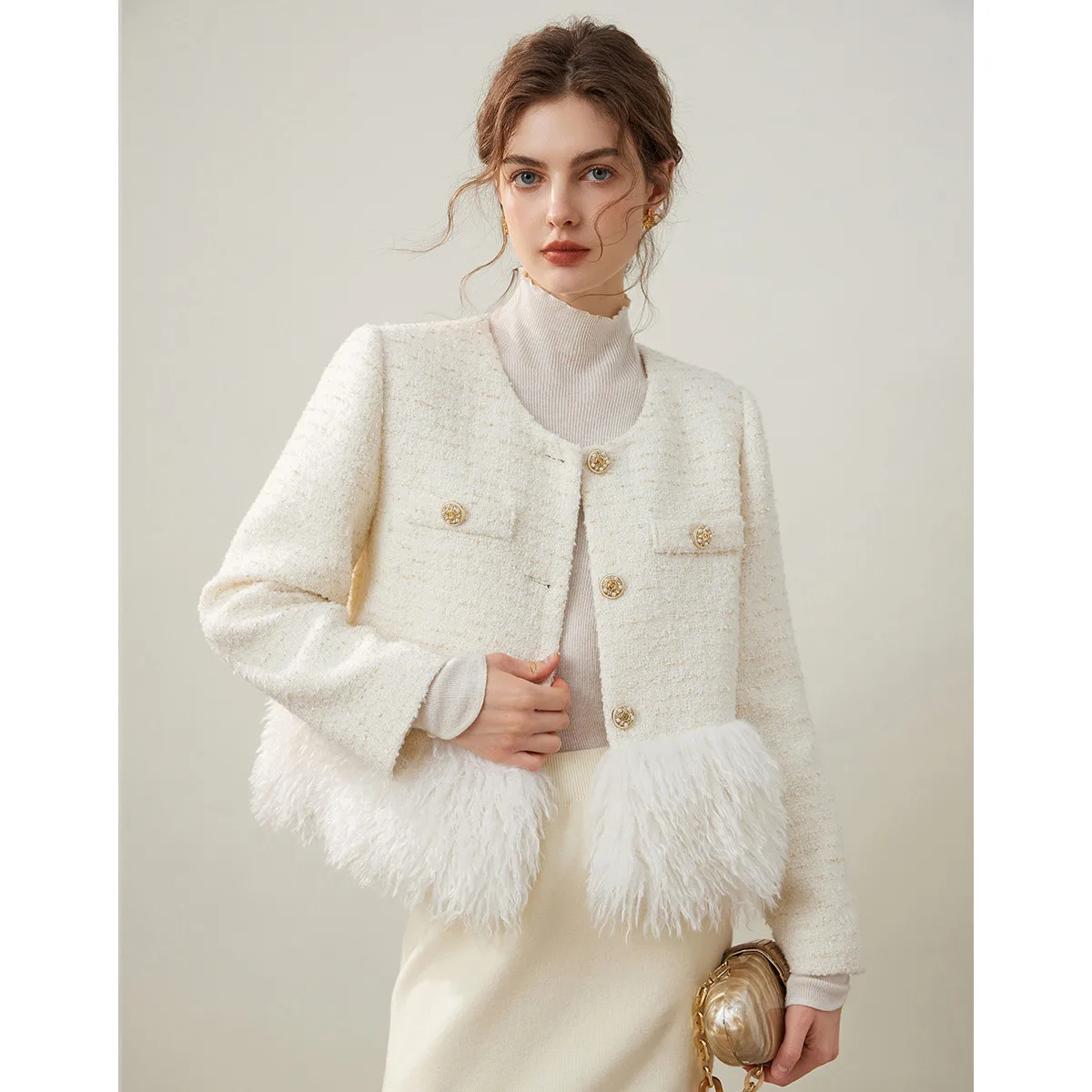 Женское пальто из искусственного овечьего флиса с круглым вырезом