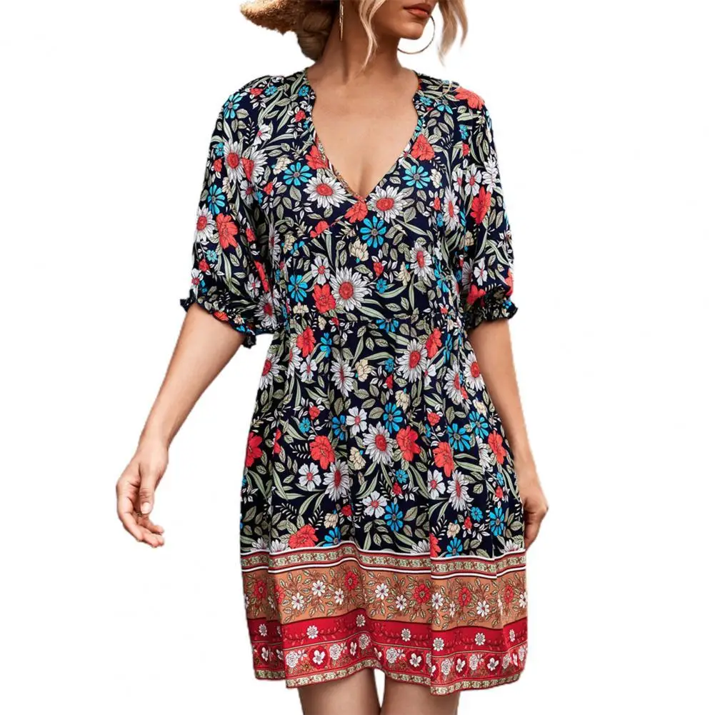 

Mini Dress V Neck Bohemian Short Sleeve Floral Print Women Short Dress for Date