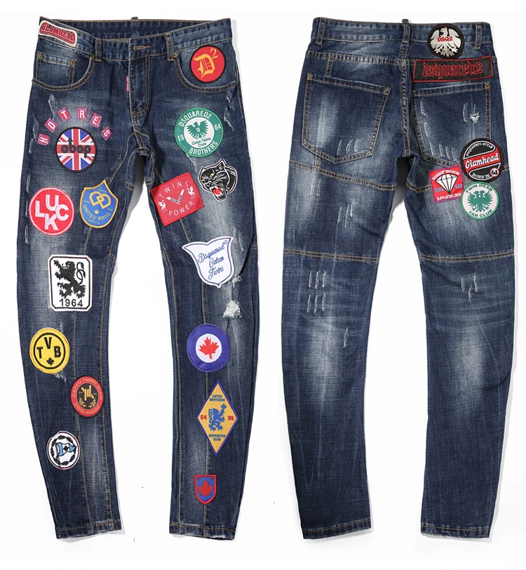 New European and American style embroidery multi-badge men's slim small straight jeans trend