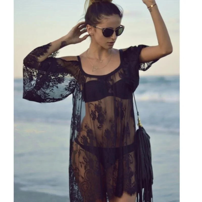 

Summer European and American Sling Perspective Hollow Lace Off-the-Shoulder Beach Sexy Dress Short Skirt Fashion Sun Protective