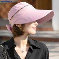outdoor sport ponytail empty top cap for women wide brim anti uv bowknot beach hat foldable zipper sunscreen sun caps