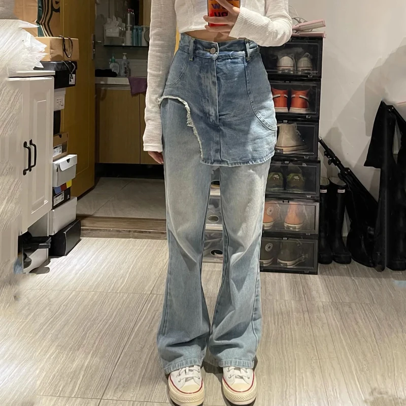 

SuperAen 2022 Spring Autumn High-waist Spice Fake Two-piece Jeans Patchwork High-waist Denim Wide-leg Pants Women