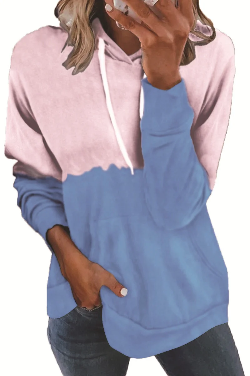 

Women Patchwork Hooded Pullover with Pocket Autumn Hoodies Casual Color Block Jumper Long Sleeve Drawstring Sweatshirts Female