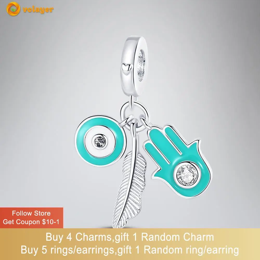 

Volayer 925 Sterling Silver Beads Feather Palm Demon Eye Charm fit Original Pandora Bracelets for Women Jewelry Making Gift